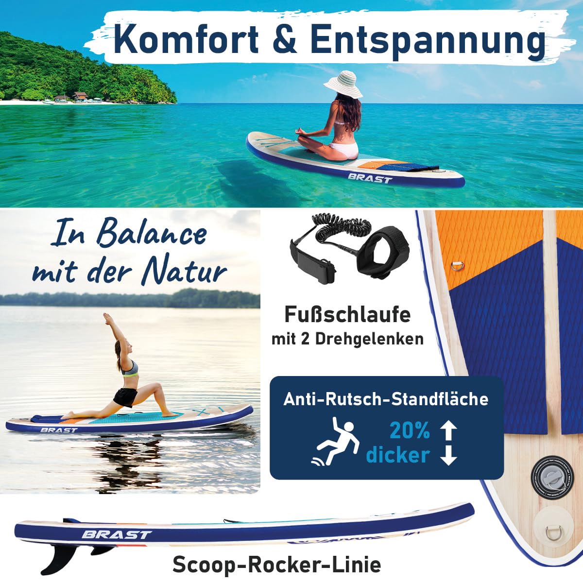 BRAST SUP Board Wood | Aufblasbares Stand up Paddle Set | 320x81x15cm | 2 Designs | 5 Jahre Garantie | inkl. Sonderzubehör | 2in1 Paddel Kajak-Sitz Action-Cam-Halterung Fußschlaufe