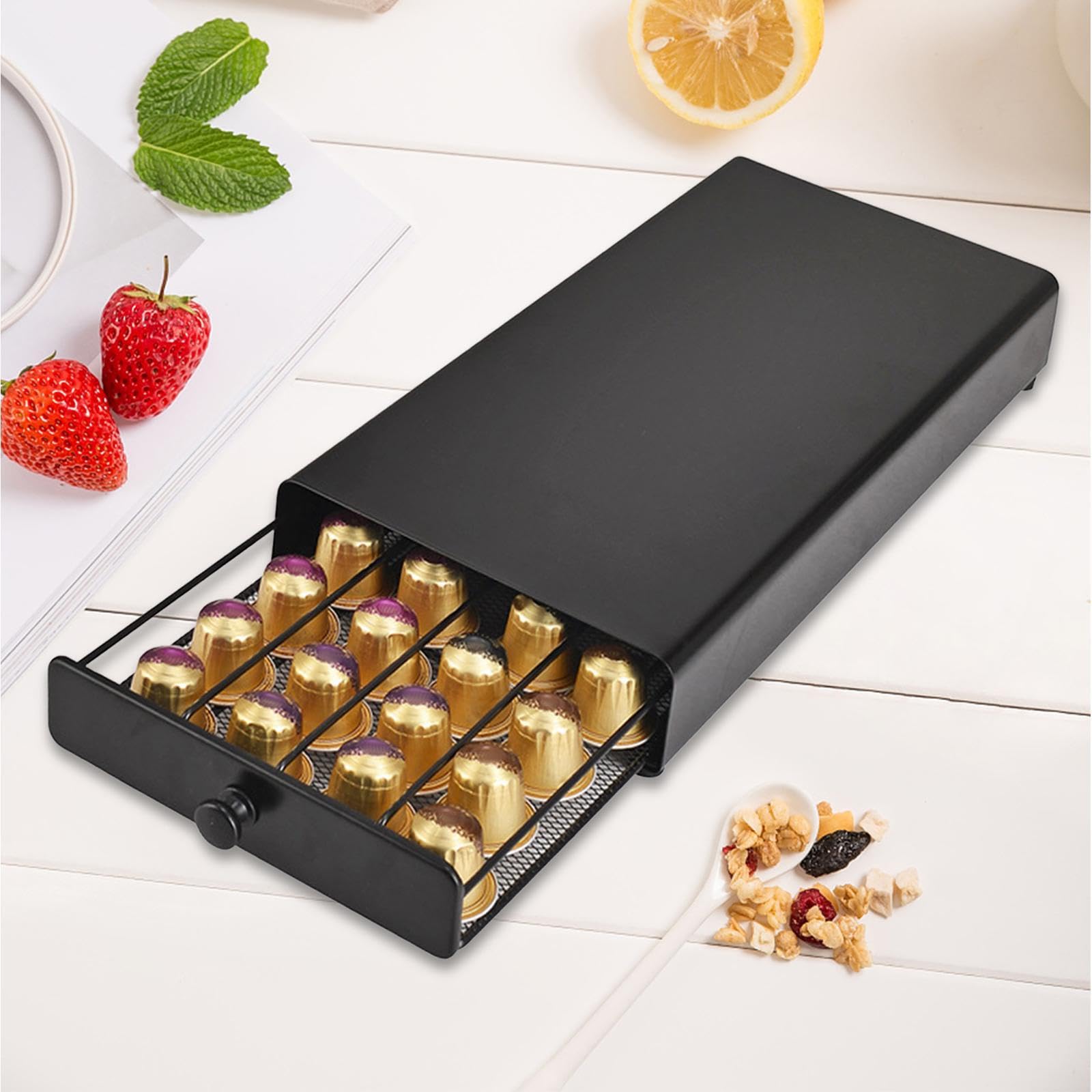 Porta cialde con cassetto scorrevole organizza fino a 40 capsule senza sforzo, ideale per bancone della cucina o dispensa, design compatto ed elegante.