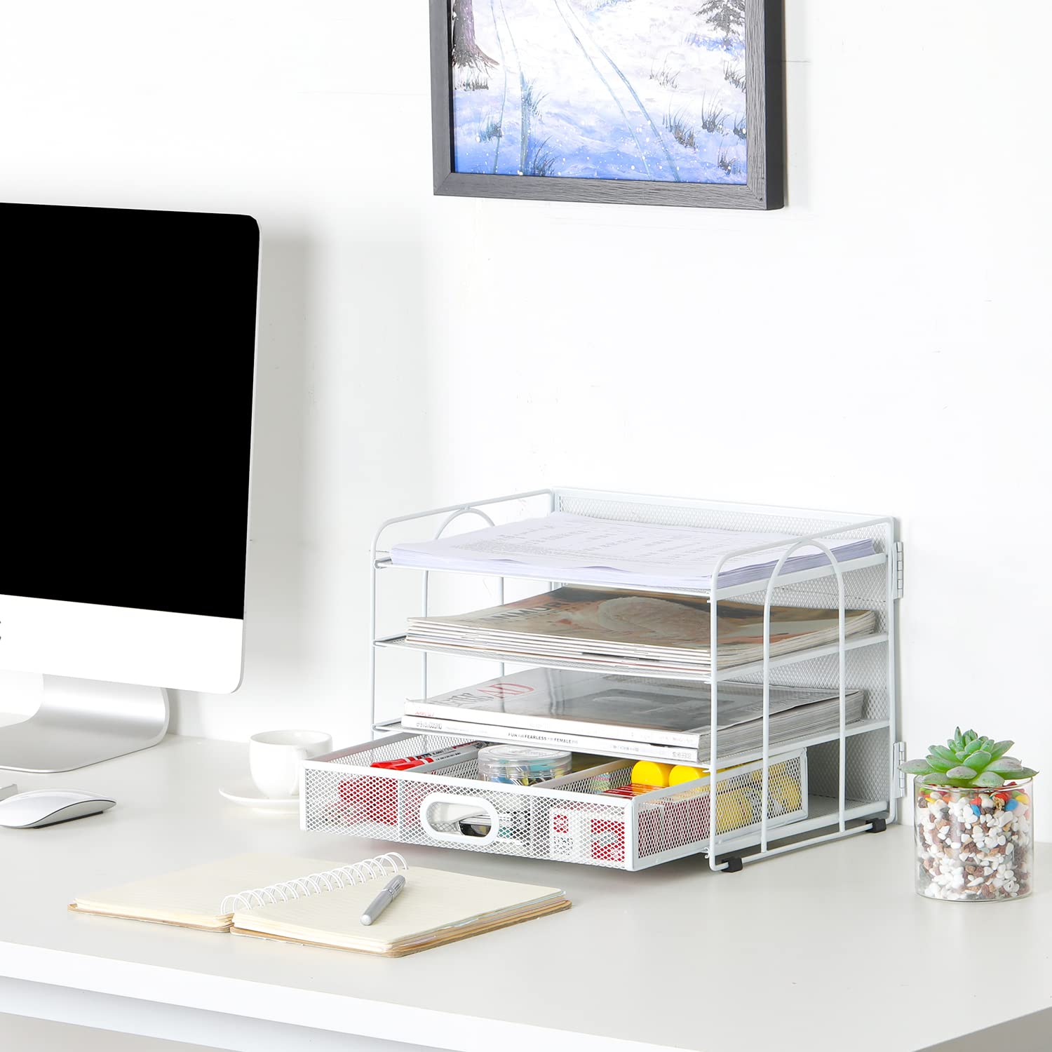 EasyPAG 4 Niveles Metal Malla A4 Bandeja Oficina Organizador Documentos Almacenamiento Papeles Soporte Archivador Clasificador Escritorio Estante Carta con Cajón,Blanco