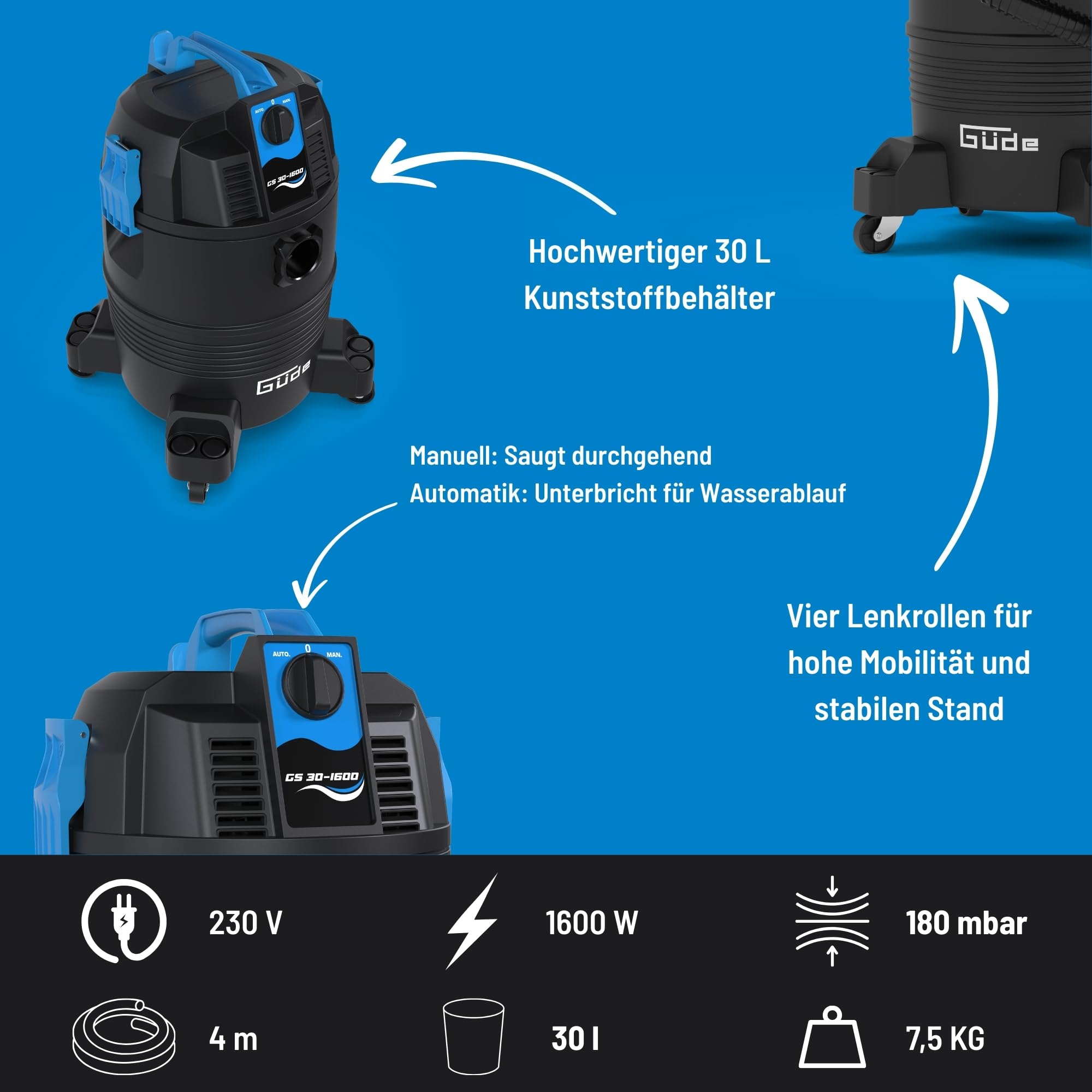 Güde GS 30-1600 3 in 1 Schlammsauger – 230 Volt, 1600 Watt, 180 Millibar Unterdruck, 30 Liter Behälter, 4 Meter Saugschlauch, Saugrohr, Kombidüse, Fugendüse, Teichbürste, für Teich- und Poolreinigung