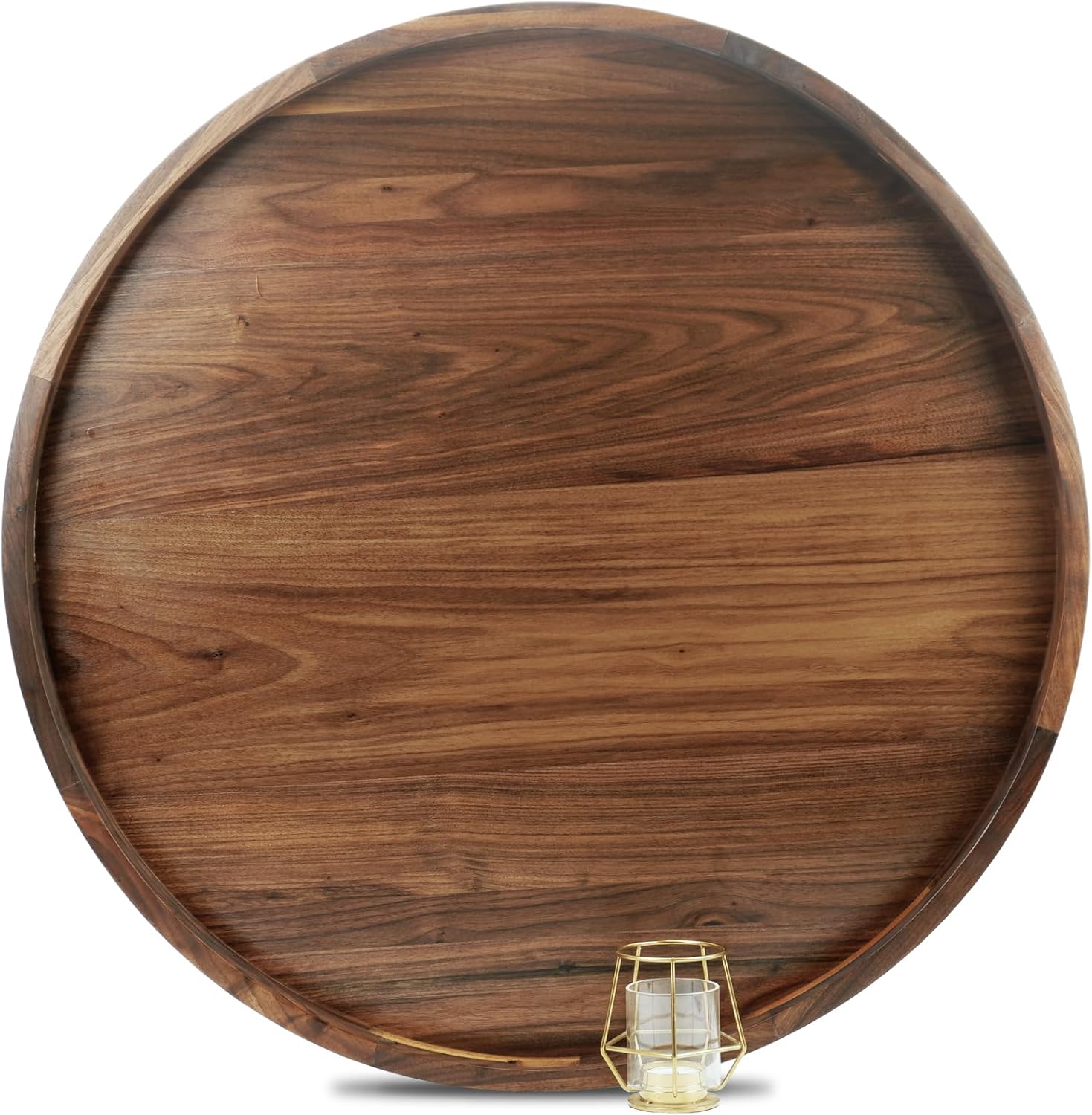 28 Inches Extra Large Round Black Walnut Wood Ottoman Tray with Handles, Serve Tea, Coffee, Classic Circular Wooden Decorative Serving Tray 28"