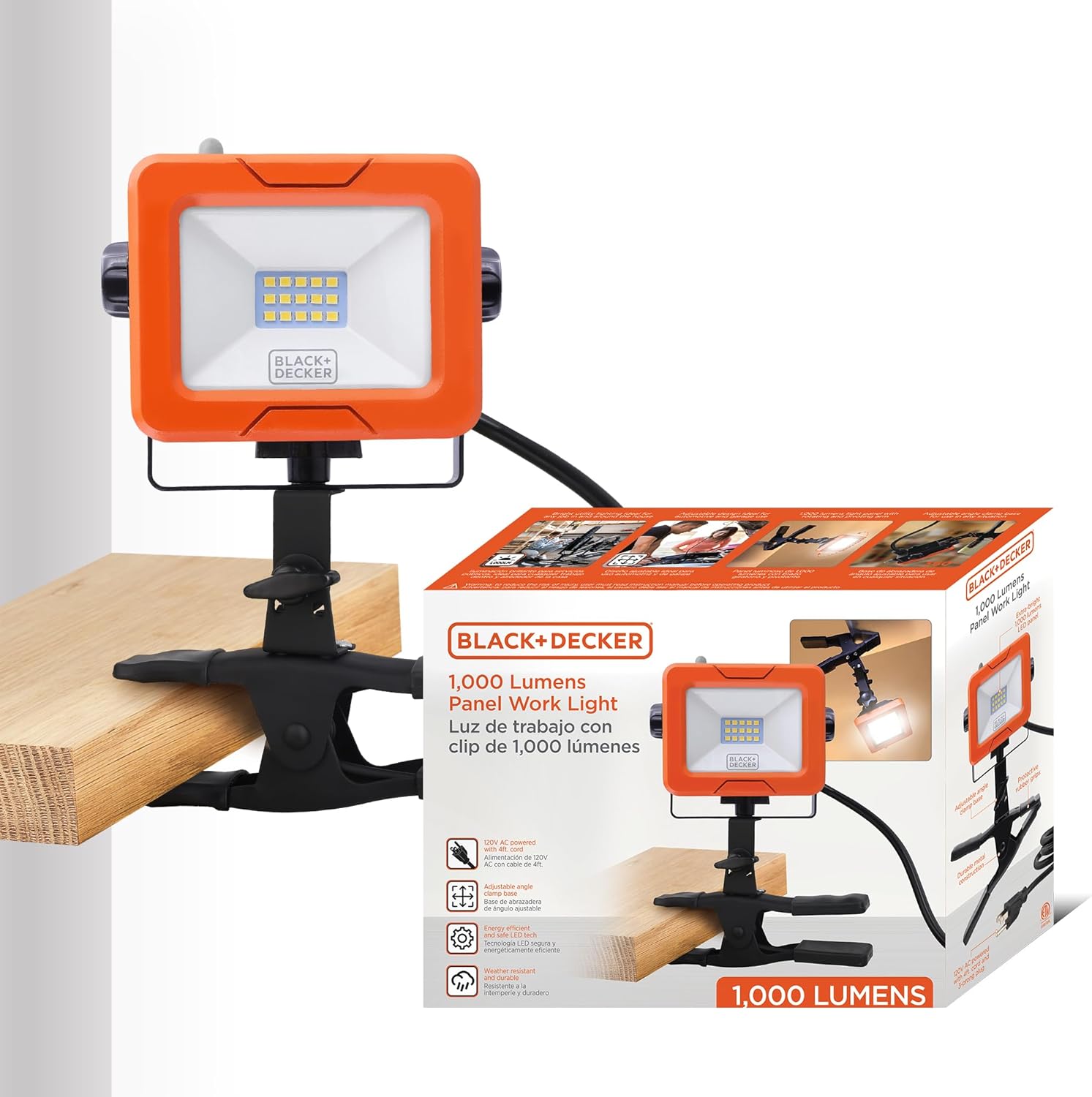 BLACK+DECKER LED Clamp Work Light, 1000 Lumens Indoor & Outdoor IP65 Waterproof Clamp Utility Shop Light with Plug, Clip on Shop Lamp, Adjustable Arm, 360° Rotating Clamp, Tripod Compatible, 4 Ft Cord