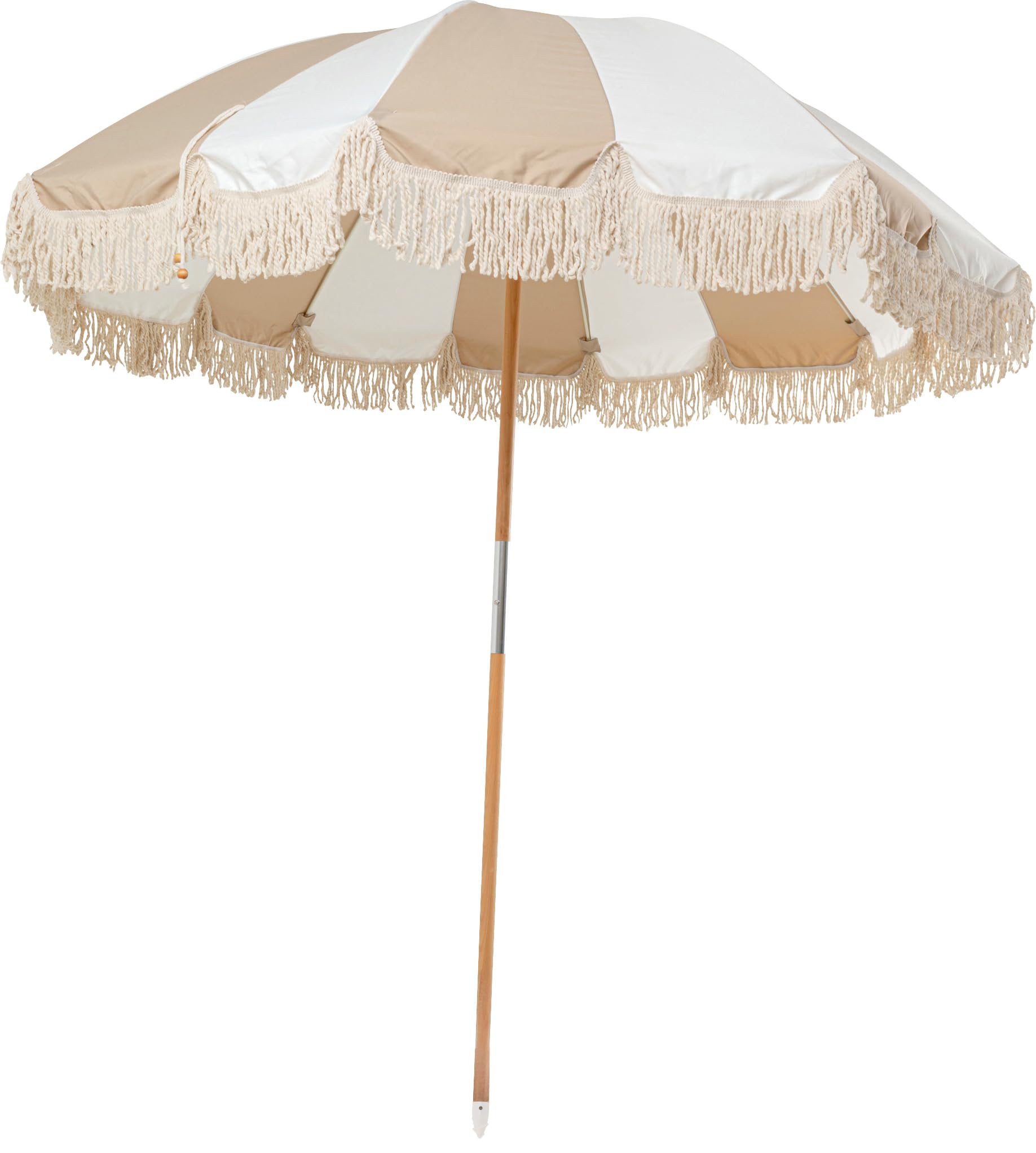 Kare Sonnenschirm Retro Stripes, Beige/Weiß, Gestreift, D220cm, Klappbarer Strandschirm mit Fransen, Rund, inklusive Tragetasche für Balkon, Terasse, Garten