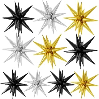 Black Gold Silver Star Foil Balloons 10 Pcs 22Inch Large Black Silver Gold