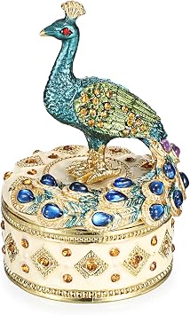 ELLDOO Mini Peacock Trinket Box, Vintage Metal Enameled Decorative Box Ring Earrings Jewelry Organizer Peacock Figurine Lid Gift Box for Girl Women