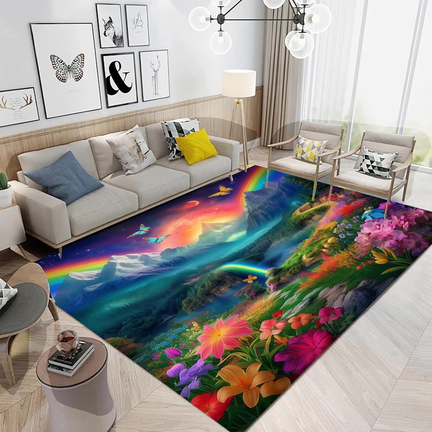 Tapis de salon impression 3D fleurs 200x300 cm lavable et doux