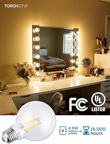Miniatura 4 de TORCHSTAR Paquete de 12 bombillas LED G25 regulables, redondas transparentes para baño, bombilla LED Edison, 4.5 W (60 W equivalente), certificación
