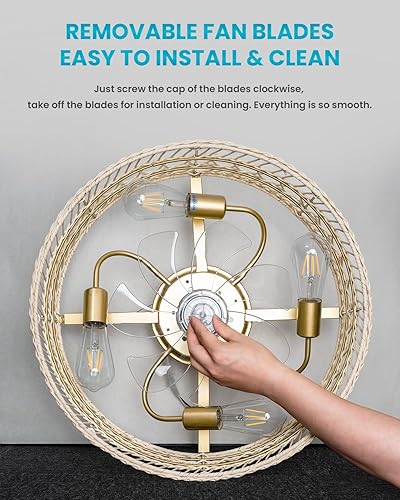 Miniatura 4 de Ventilador de techo bohemio enjaulado con luces y kit de control remoto, lámpara de ratán de montaje empotrado de 20 pulgadas, cerradoperfil bajo6