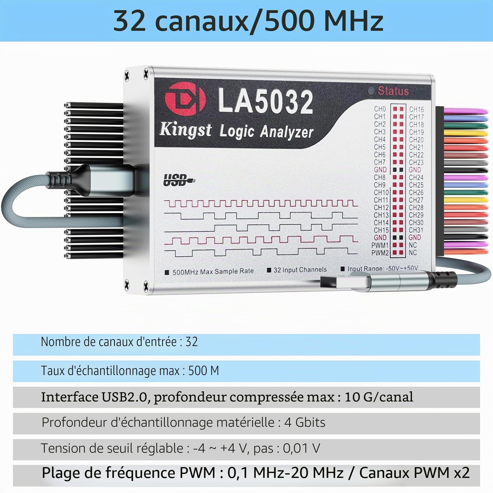 InnoMaker Analyseur Logique USB LA5032 32 Canaux 500MHz 10G Échantillons pour MCU ARM FPGA Outil de Débogage Analyseur MIPI avec Logiciel Anglais Compatible avec Windows Mac Linux