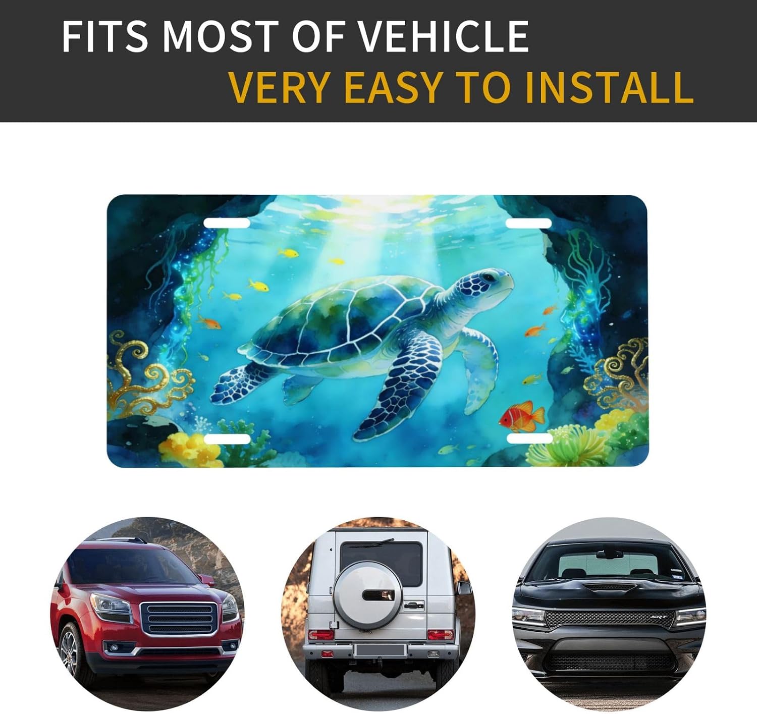 Watercolor Sea Turtle Underwater Ocean Cave Front License Plate Aluminum License Plates Decorative Car Plate Novelty Vanity Tag Cover Car Decor Accessory with 4 Holes for Men Women 6x12 Inch