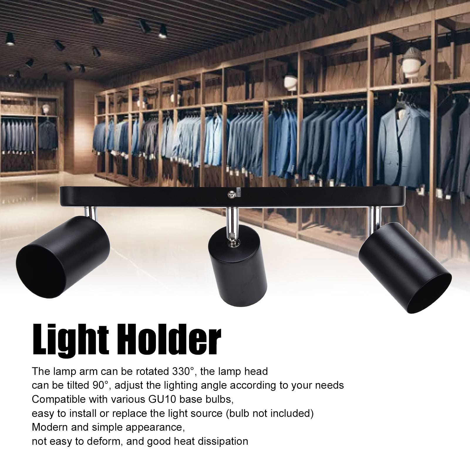 Track Lighting Fixture, 3 Head Strip Type Ceiling Lighting, Modern Interior Rotatable Spotlight, GU10 Lamp Holder Fixture for Bedroom/Kitchen/Foyer/Cloakroom(Black)