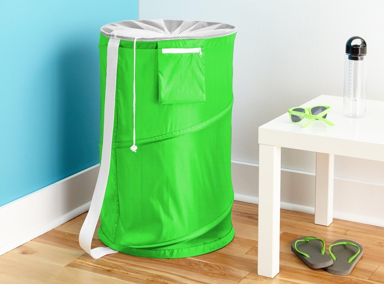 Amazon｜グリーンポップアップCollapsible Laundry Hamper withストラップandポケット ナイロンメッシュ
