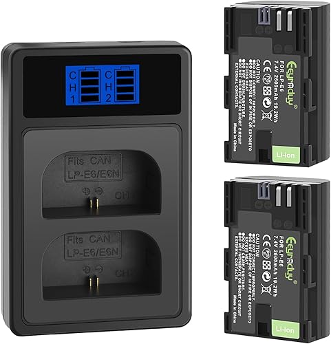 Paquete de 2 baterías LP-E6 de 2600 mAh y cargador de batería dual de repuesto LP-E6 LP-E6N para cámaras Canon EOS R R5 R6 R7 60D, 70D, 80D, 90D,
