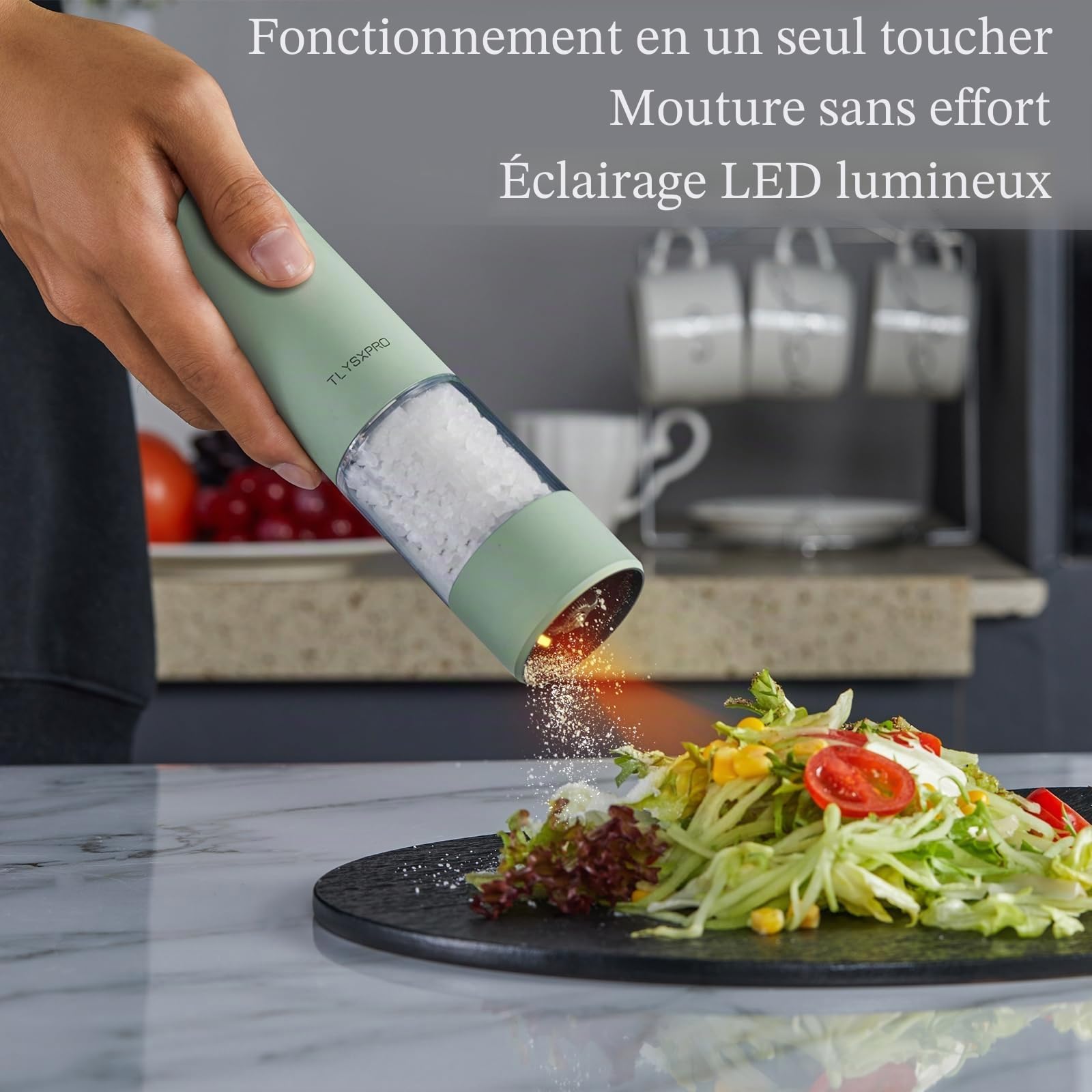 TLYSXPRO Moulin à poivre électrique, rechargeable par USB, moulin à sel et poivre automatique, avec réglage de la grosseur, lumière LED, rechargeable, accessoire de cuisine (1 pièce, Blanc)
