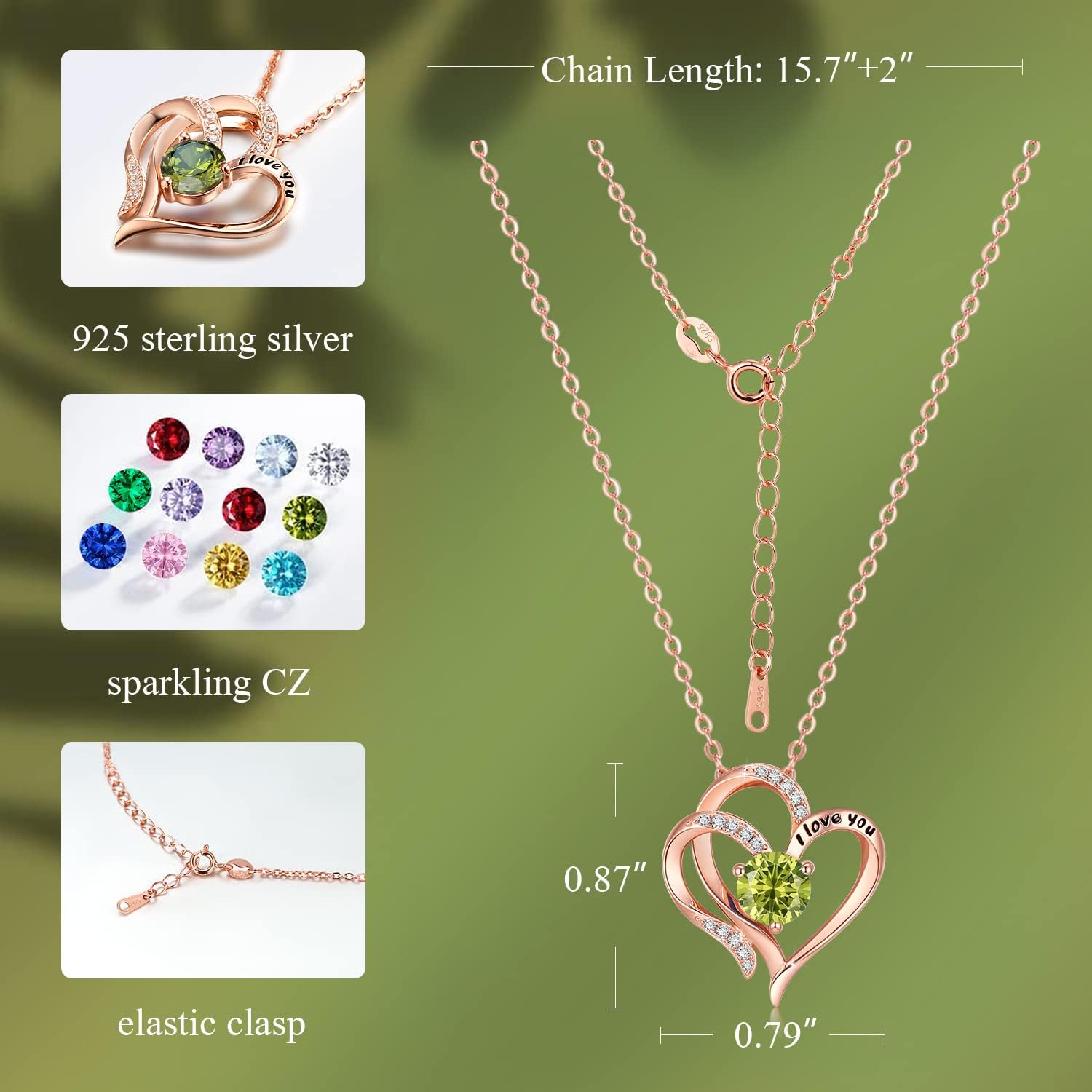 925 Sterling Silver Heart Necklaces for Women I Love You Rose Gold Pendant Necklaces with Cubic Zirconia Birthstone for Women for Mom Gift for Wife Girlfriend Birthday Jewelry