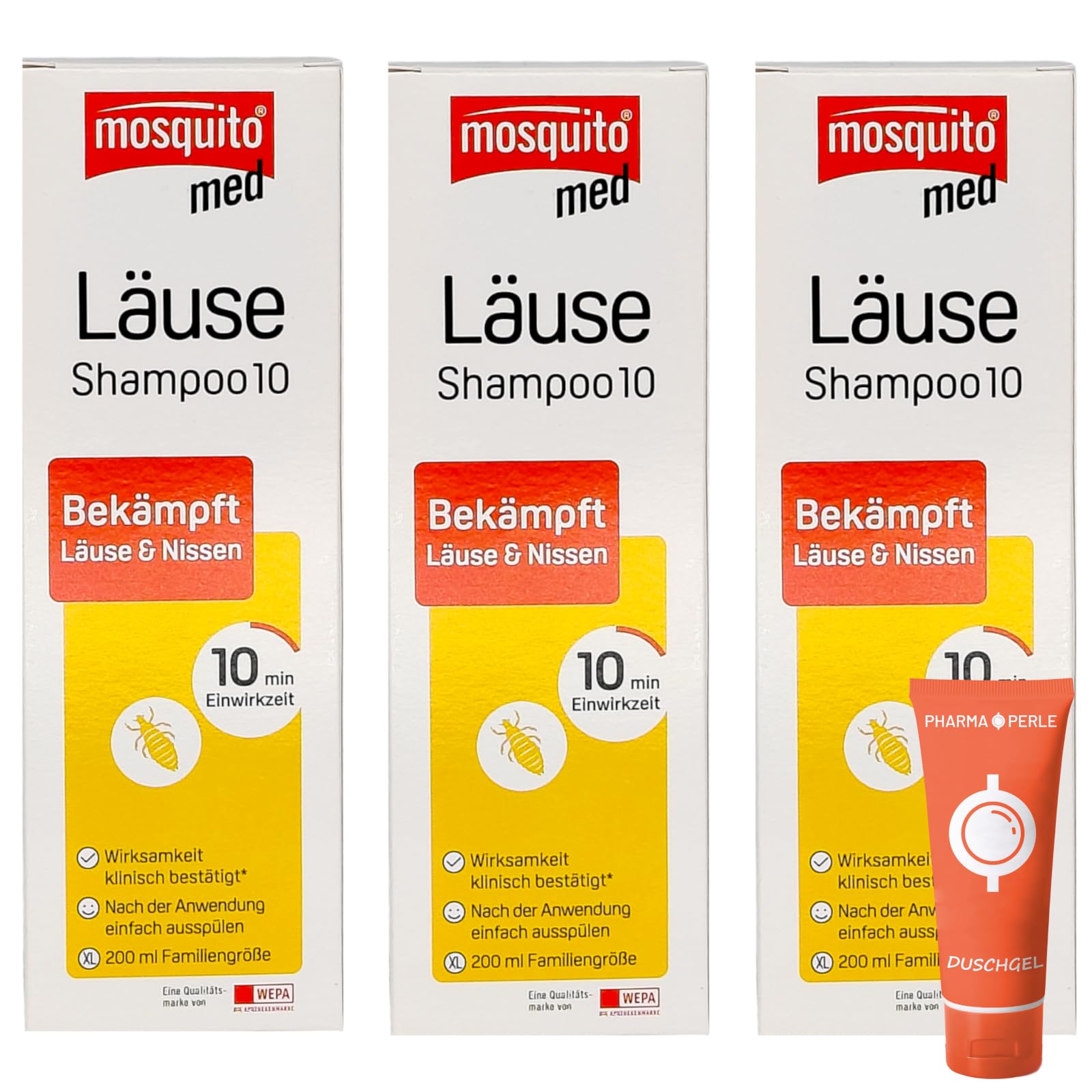 Mosquito med Läuse Shampoo 10, 3x 200 ml I Bekämpft Kopfläuse und Nissen I praktische Anwendung I Läusemittel I Familiengröße I Spar-Set plus Pharma Perle give-away (3x 200 ml)