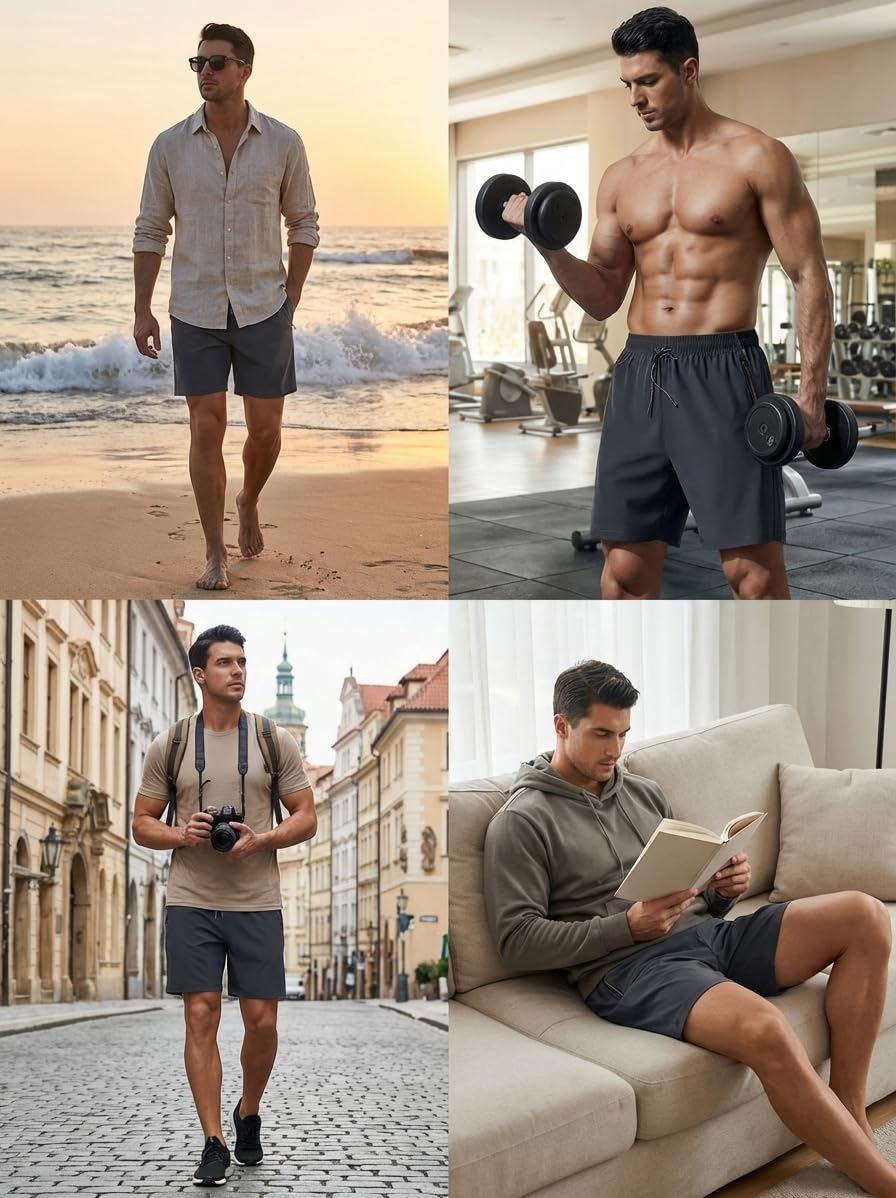 Pantalones cortos deportivos para correr para hombre con 2 bolsillos con cremallera, cintura elástica con cordón para entrenamiento — view 3