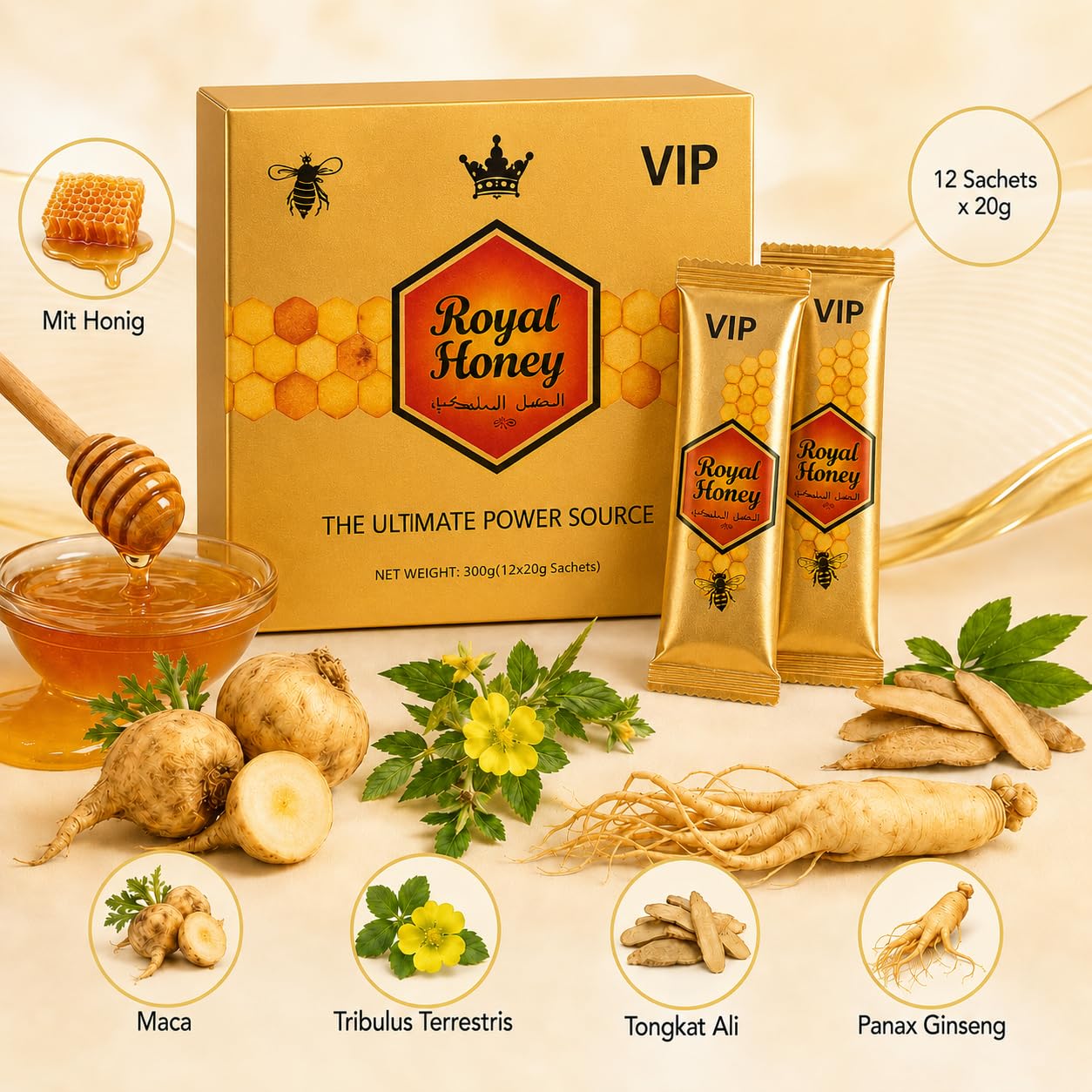 Türkische Macun Paste mit Ginseng 240g, Pflanzliches Ergänzungsmittel - Maca und Tribulus Terrestris, Praktische Einzelportionen-Sticks für den täglichen Gebrauch, 12 x 20g
