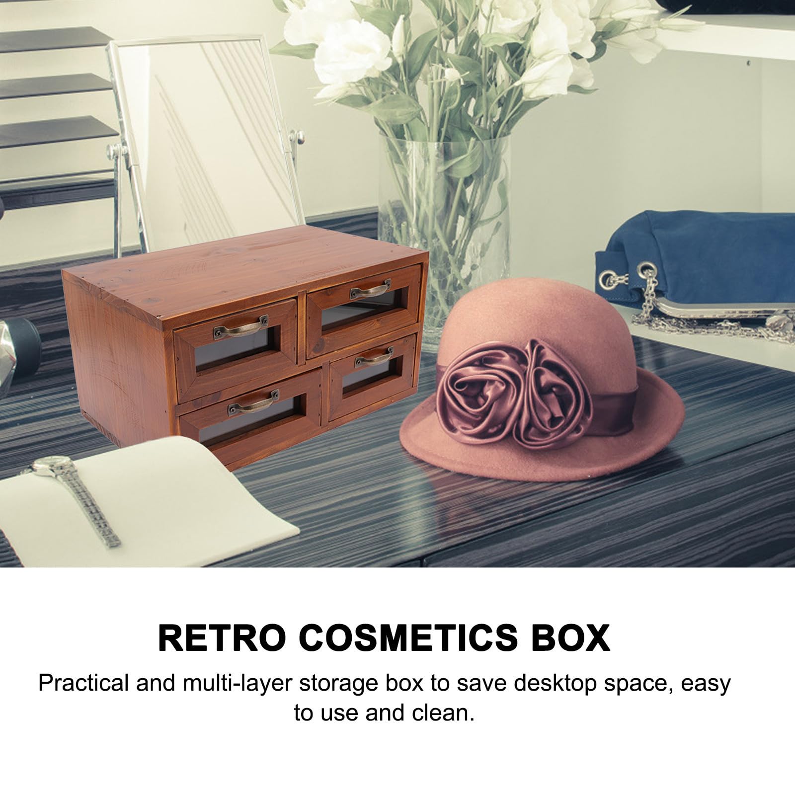 SHINEOFI Caja de Cosméticos Retro Organizador de Cosméticos Caja de Madera Cajón Marrón para Hogar y Oficina