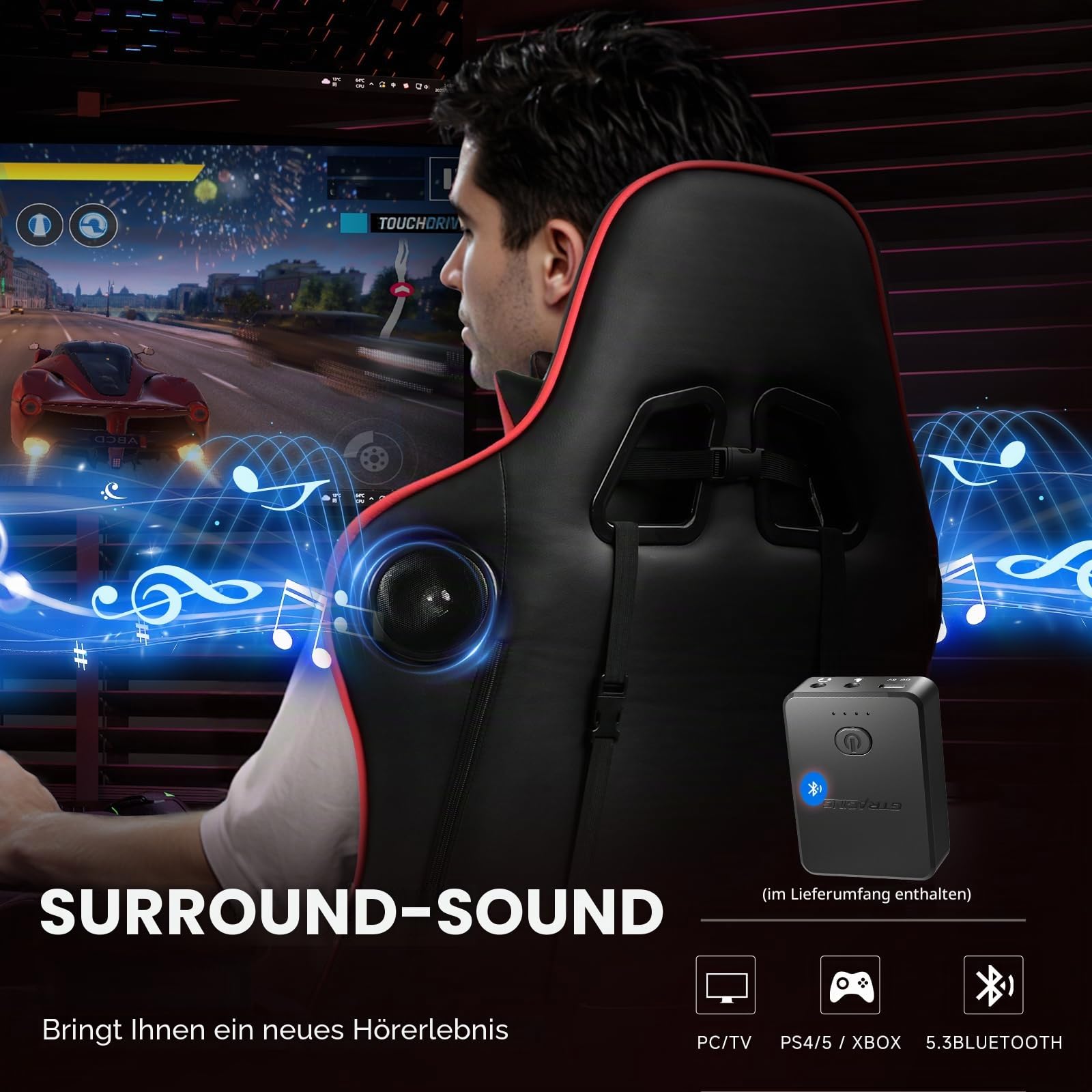 GTPLAYER Gaming Stuhl mit Fußstützen Lautsprecher Bluetooth, Gamer Stuhl Ergonomischer Computerstuhl Bürostuhl Schreibtischstuhl PC Stuhl mit 3D-Armlehnen, 200KG, Rot