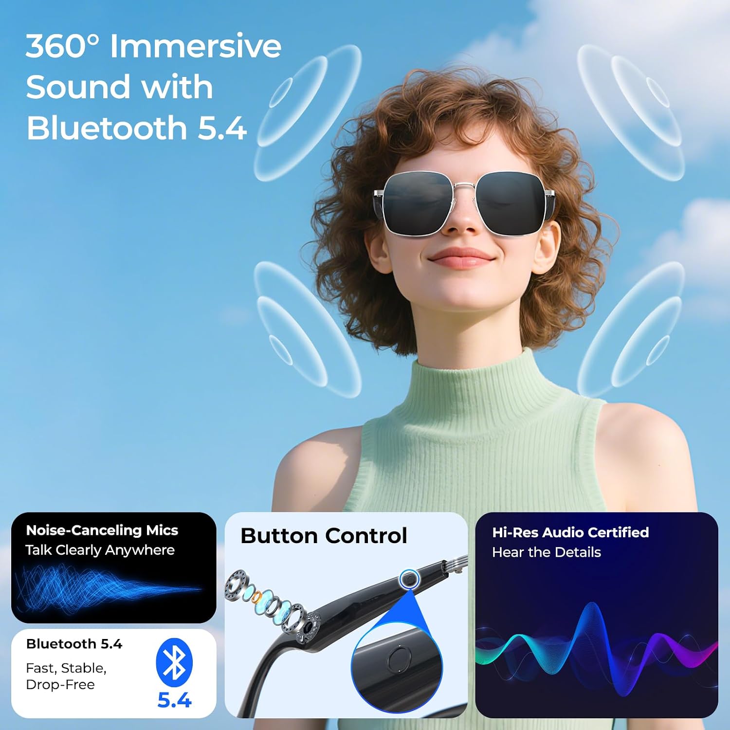 Al Smart Glasses, Bluetooth 5.4 Translation Glasses with Chat GPT & 100+ Language, Sunglasses with UV Protection & Anti-blue light, for Travel, Outdoor & Business, Blue Light Glasses for Woman and Men
