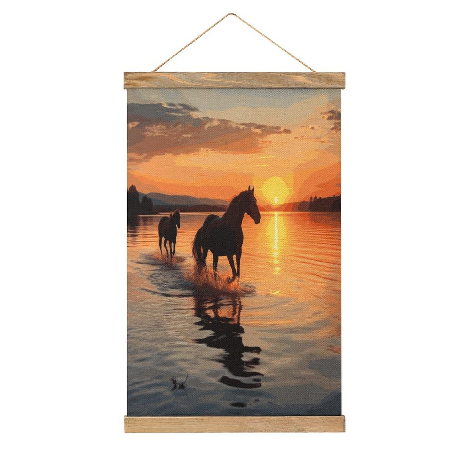 JTREHY Sunsets Lake Horses Linen Hanging Painting Vintage Poster Wall Art Prints Personality Style Wall Hanging Poster for Living Room Office Bedroom Decor Frame 13.2 X 20.47 Inch