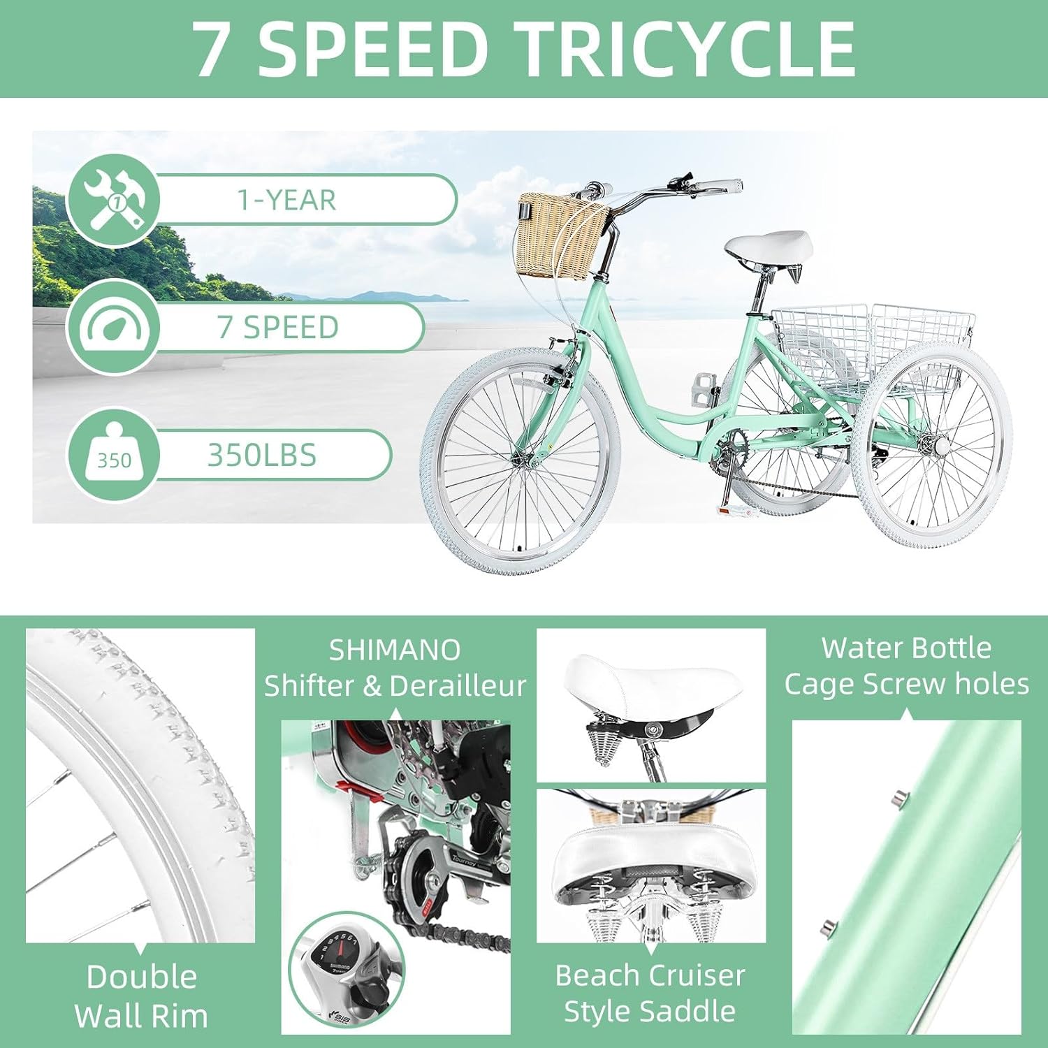 Adult Tricycles 7 Speed Trikes for Adults, 20/24/26 inch 3 Wheel Bikes with Front & Rear Basket, Tricycle for Seniors, Women, Men, Without Mudguard