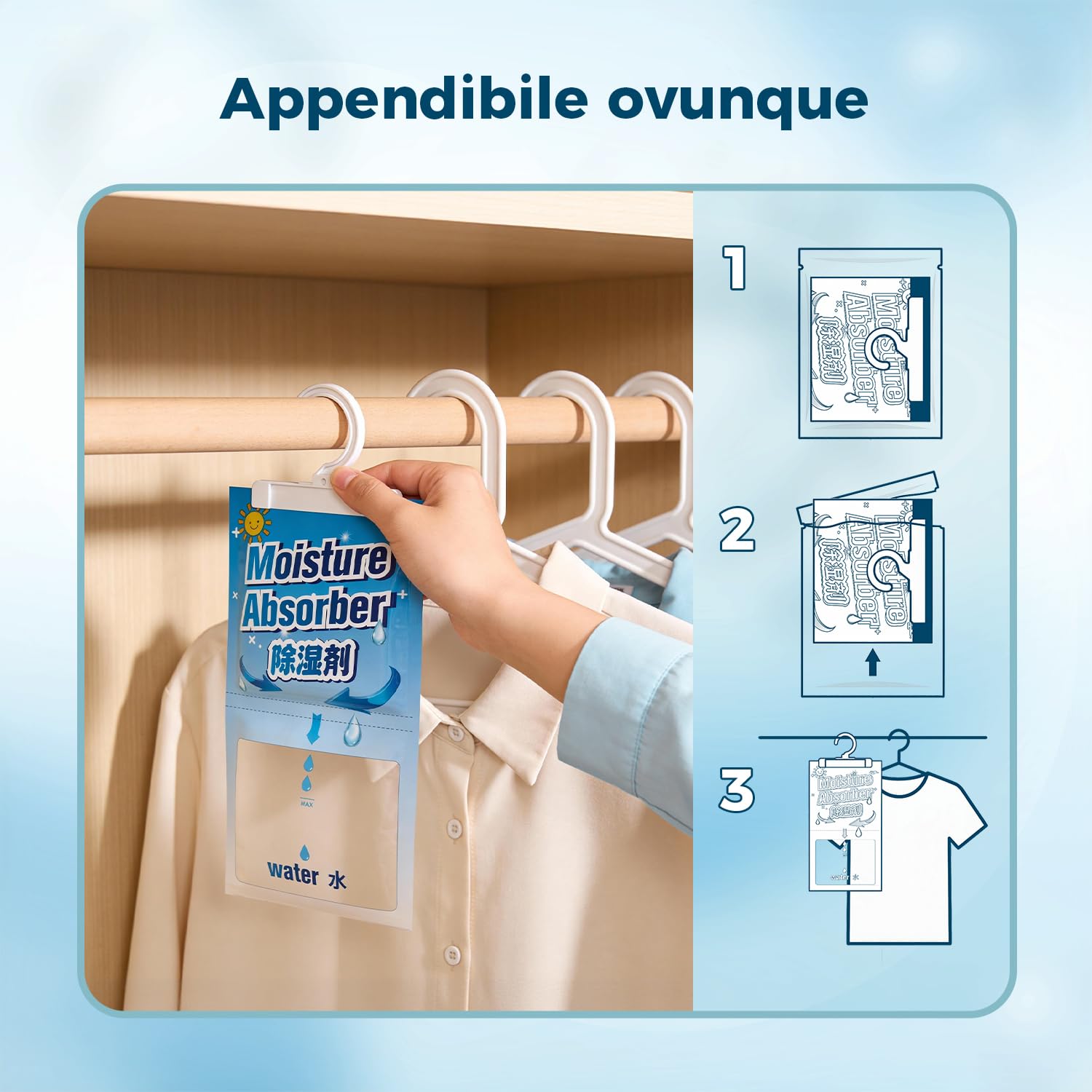 AROEVE Deumidificatore, 10 Confezioni x 150g Assorbitore di Umidità a Sospensione, Capacità 500 ml, Sacchetti Deumidificanti Antigoccia, Elimina gli Odori per Armadi, Credenze, Camere da Letto, Bagni