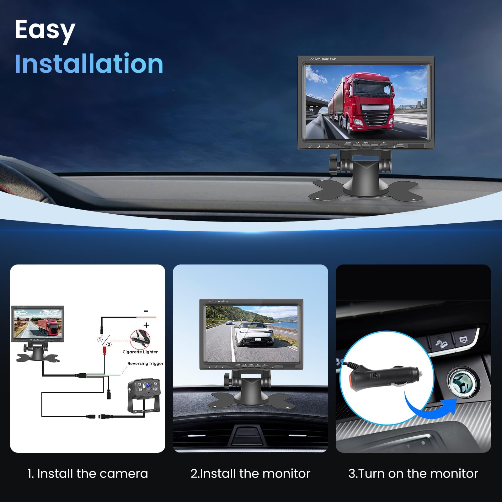 Telecamera Retromarcia HD 1080P 7 Pollici IPS Monitor 2 Camera Kit, Impermeabile IP68 IR Visione Notturna Telecamera di Retromarcia per Camion, Autobus, Furgoni, Camper, 10M cavo+15M cavo