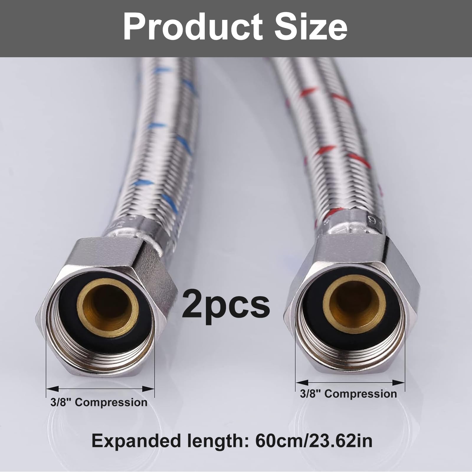 2 sztuki węży przyłączeniowych, G3/8 x M10, pleciony wąż przyłączeniowy ze stali nierdzewnej, wąż pancerny, 60 cm, wąż przedłużający do węża, kranu, bateria mieszakowa, 2 sztuki