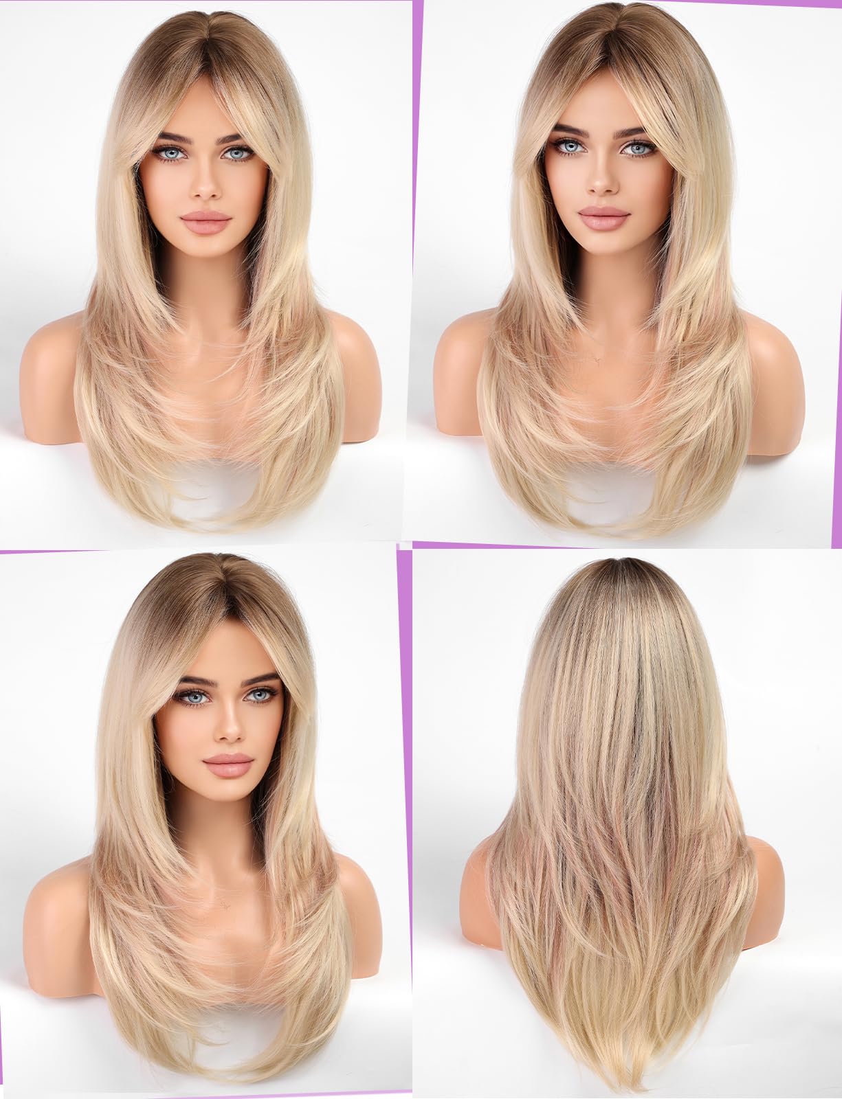 WOKESTAR Long Straight Wigs for Women with Curtain Fringe Layered Synthetic Color Hair (Ombre Mixed Brown) - Image 2