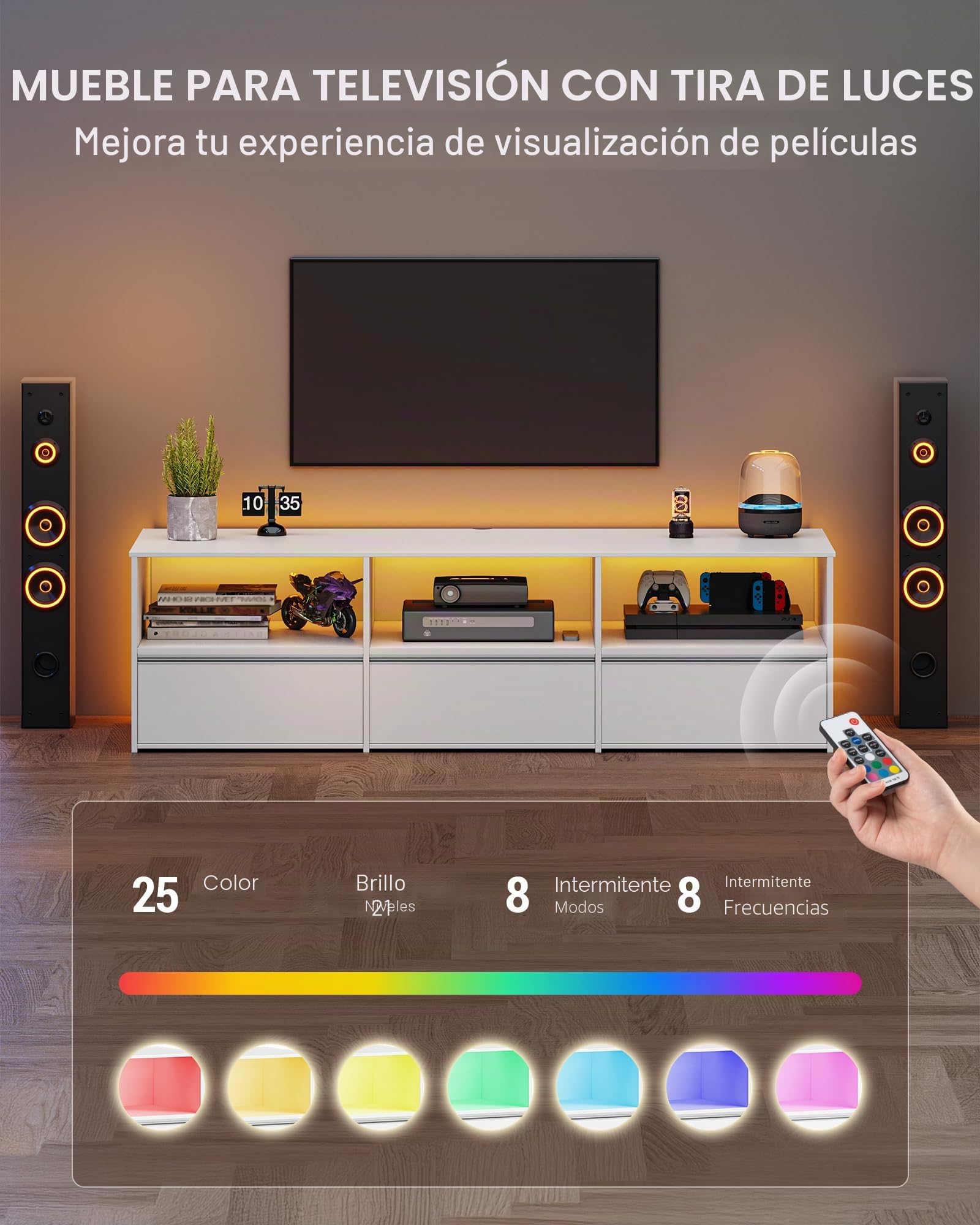 Hzuaneri Mueble de TV con Iluminación LED RGB, Mesa de TV de hasta 65 Pulgadas, Largo de 143,5 cm, con 3 Cajones y 3 Estantes Abiertos, 40 x 143,5 x 50 cm, para Salón, Dormitorio, Blanco-Plata