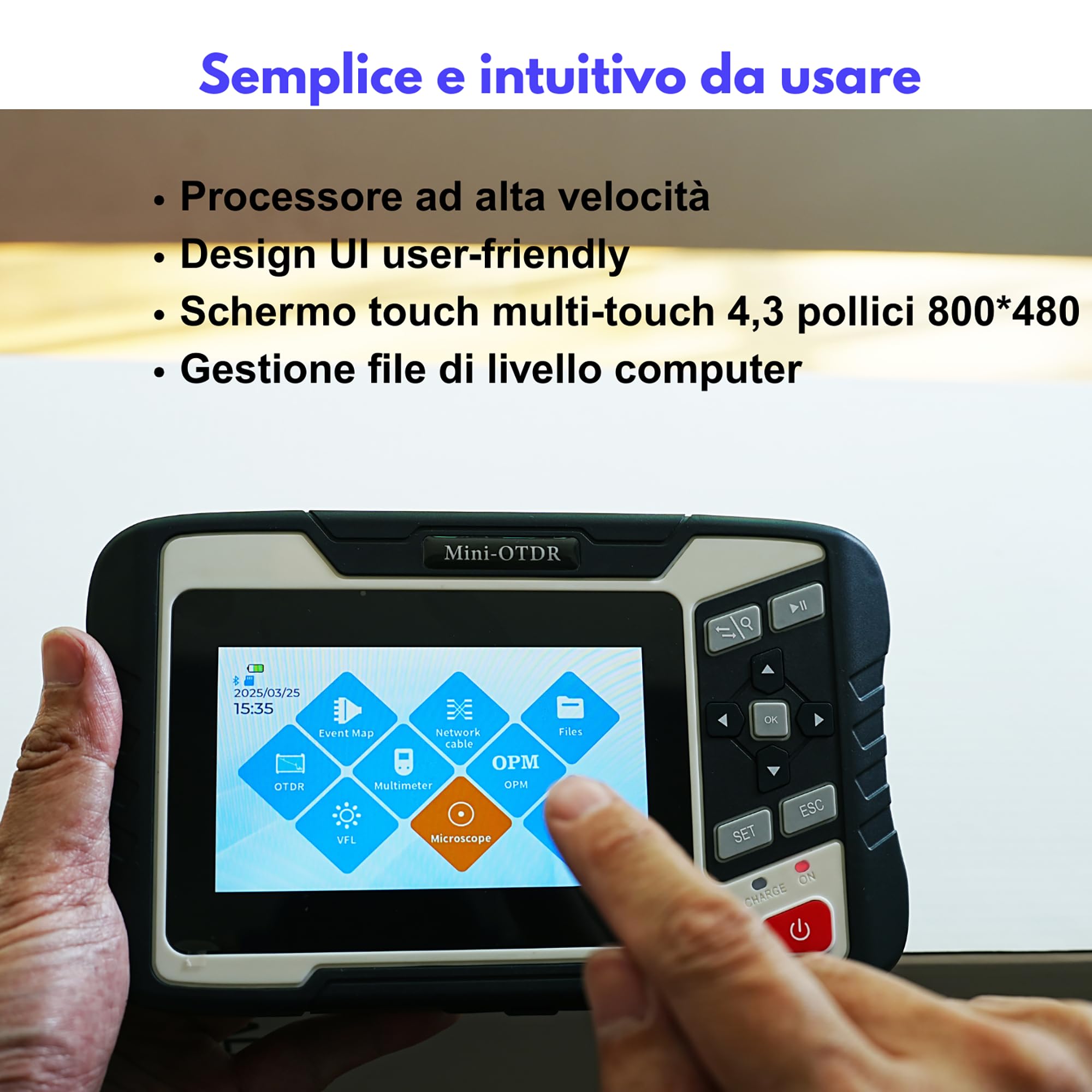 NK4300D OTDR portatile per fibra ottica monomodale 1310/1550nm 26/24dB con schermo touch 4,3 pollici - Mini OTDR con VFL, OPM, OLS, Event Map, RJ45 e batteria ad alta capacità (FC/UPC)