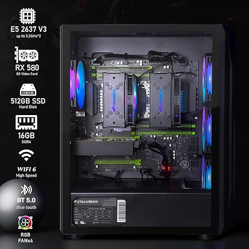 Miniatura 5 de STGAubron PC para juegos de doble CPU, Intel i7 Xeon E5 dual hasta 3.7GHz, Radeon RX 580 8G, 16G DDR4, 512G SSD, WiFi 6, BT 5.0, ventilador RGB x 4,