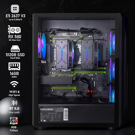 STGAubron Gaming PC Desktop,Dual Xeon E5,RX 580 8G,16G DDR4,512G SSD | Gaming Computer Tower for Streaming,Video Editing,Home,School,E5 up to 3.7GHz,ARGB Fan,WiFi 6,BT 5.0,4K DP,HDMI,Win11 Pro