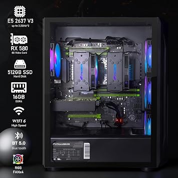 STGAubron Gaming PC Desktop,Dual Xeon E5,RX 580 8G,16G DDR4,512G SSD | Gaming Computer Tower for Streaming,Video Editing,Home,School,E5 up to 3.7GHz,ARGB Fan,WiFi 6,BT 5.0,4K DP,HDMI,Win11 Pro