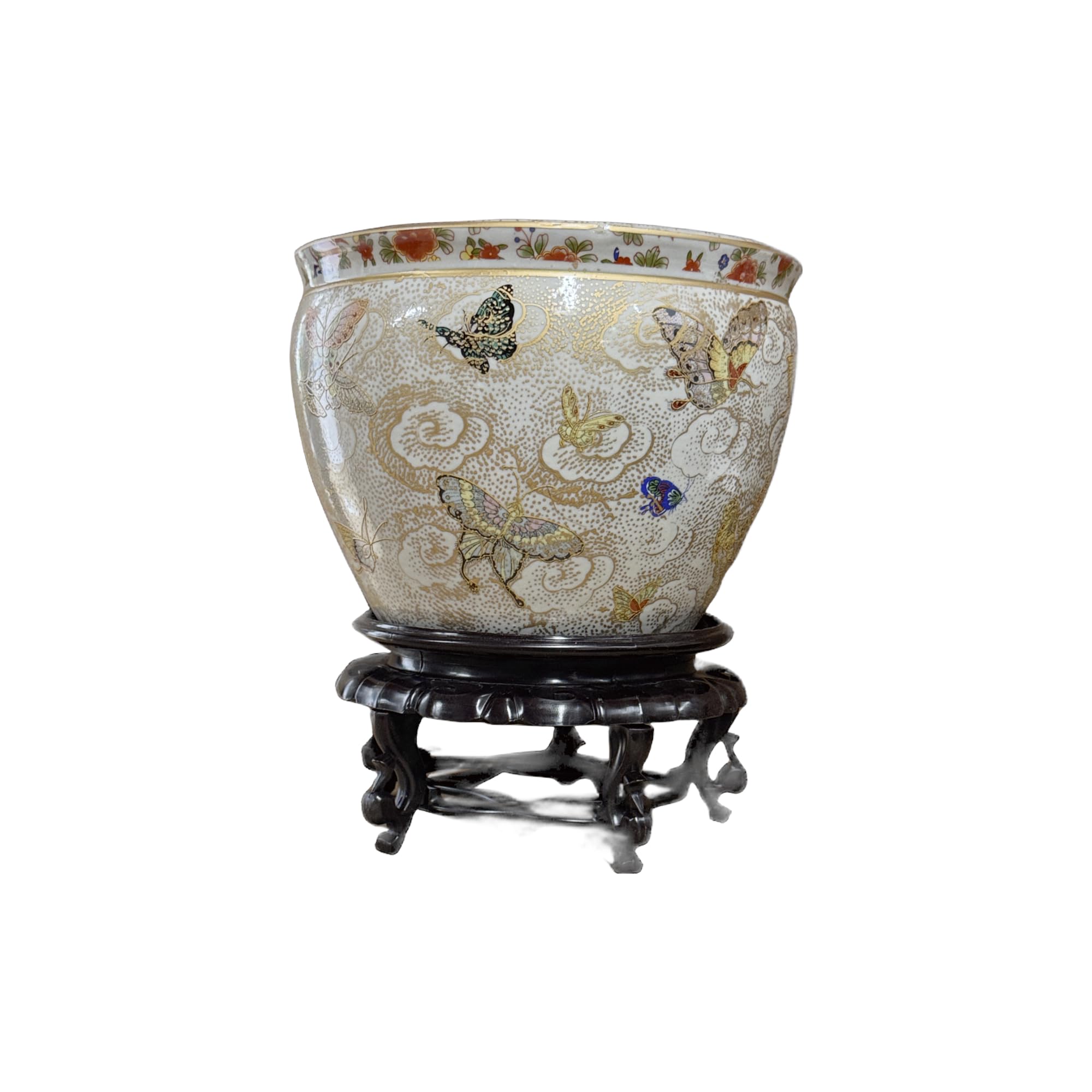 New 8" Oriental Colorful Butterfly Butterflies Themed Fish Bowl Jardiniere Planter Plant Pot & Acrylic Oriental Stand