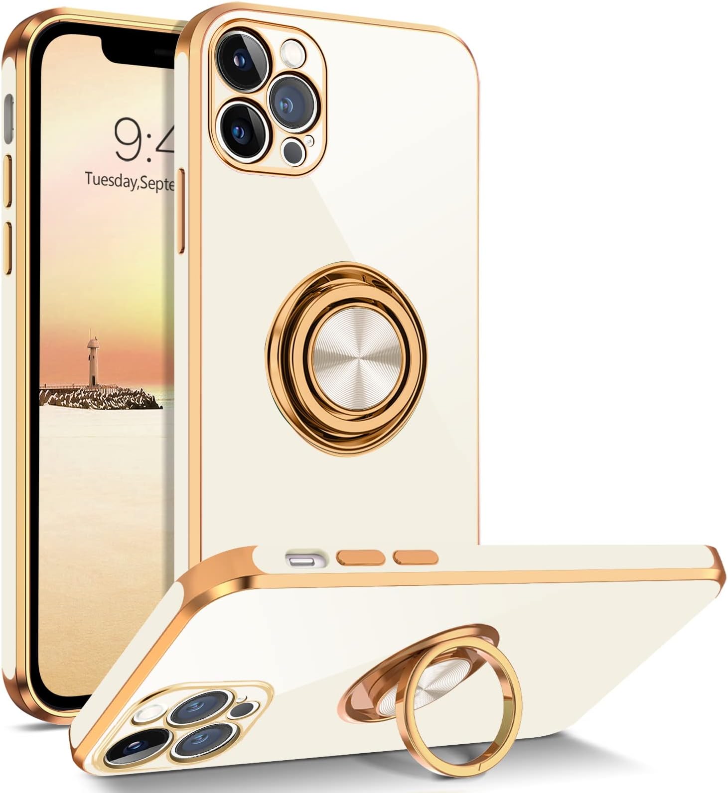 BENTOBEN iPhone 12 Pro Max Case, Phone Cases for iPhone 12 Pro Max with Ring Holder Rotation Kickstand Flexible TPU Bumper Shockproof Women Girl Men Boy Square Phone Cover for iPhone 12 Pro Max, White