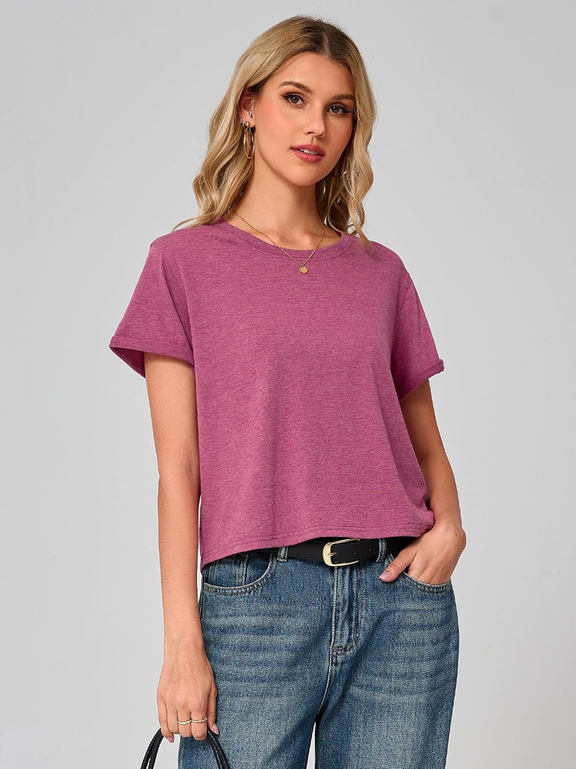 UNCLECAT Women's Short Sleeve Cropped T Shirts Summer Crewneck Crop Tops Solid Basic Tees - Image 2