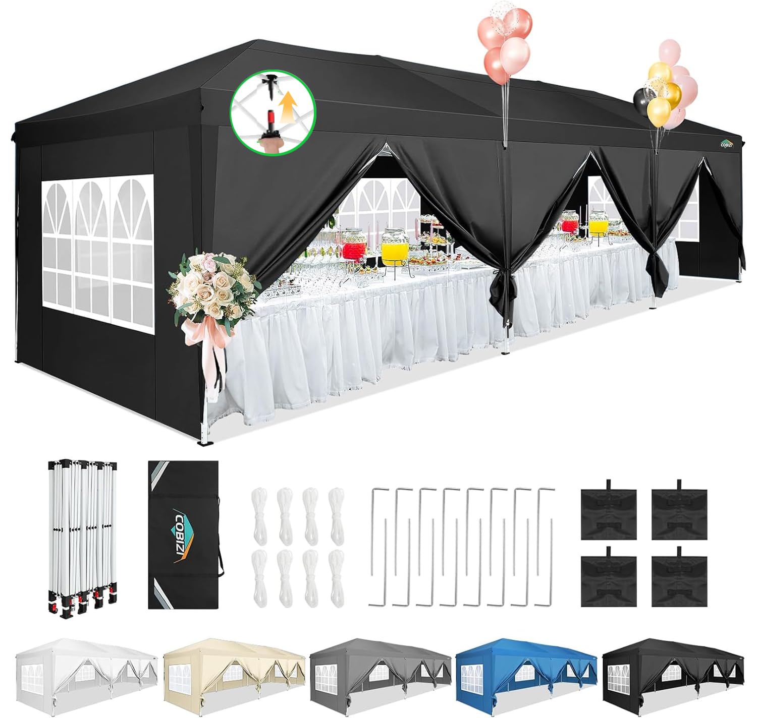COBIZI 10x30 Canopy Party Tent with 8 Walls 10x30 Pop Up Canopy for Parties Waterproof UPF 50+ Outdoor Commercial Event Tent for Party Backyard Gazebo