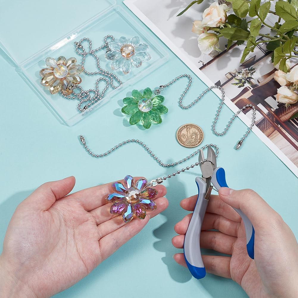 BENECREAT 4Pcs Glass Crystal Flower Ceiling Fan Pull Chain Extenders, Colorful Hanging Suncatcher Fan Extension with 304 Stainless Steel Ball Chain for Ceiling Fan Light Decoration
