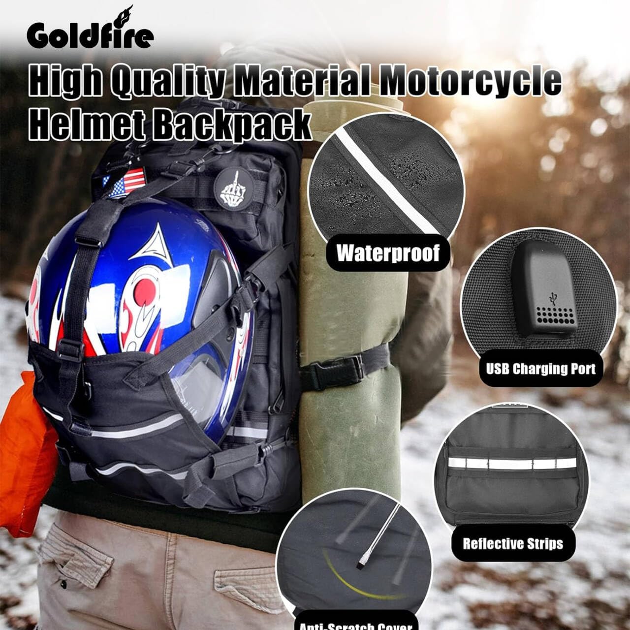 Goldfire Motorcycle Helmet Backpack for Men Expandable 30L Large Capacity Waterproof Motorcycle Backpack Hiking Outdoors Bag Riding Backpack with USB Charging Port
