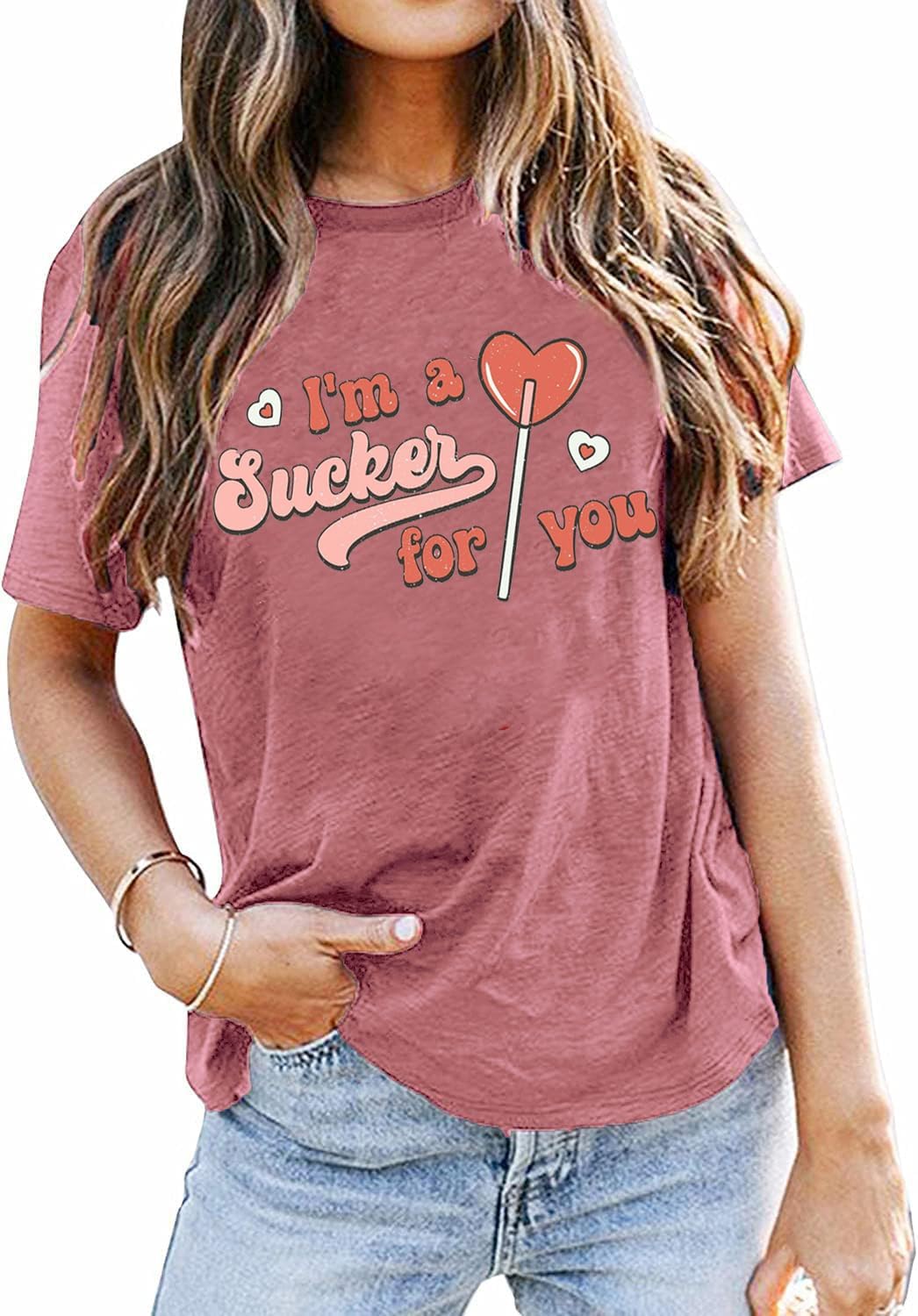 COLORFUL BLING Cute Valentine's Day Shirts Women Lover Heart Coffee Latte Tshirts Tee Funny Short Sleeve Casual Tops-Lolipop Pink S - Image 2