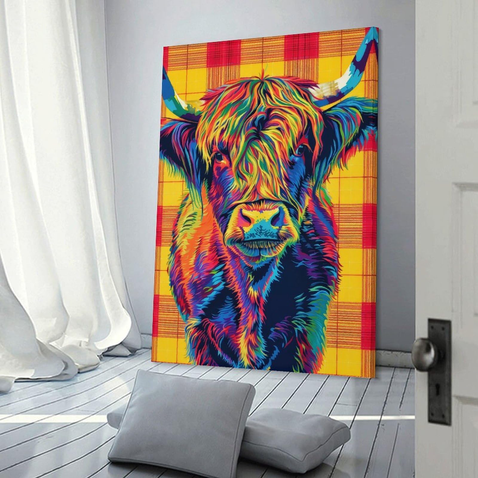 Junmoney Frame-Style-14-1 Canvas Wall Decor Tartan Highland Cow, 20X30inch(50X75cm), For Home Lounge, Bedroom Or Reading Nook, Eye Catching Artwork For Blank Walls