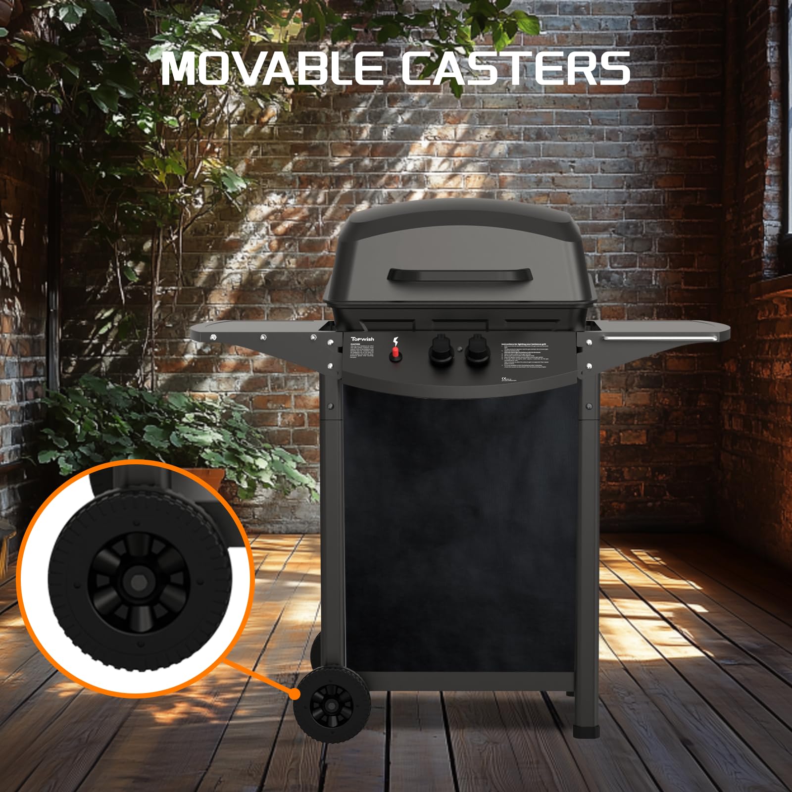 Topwish barbecue gaz, barbecues à gaz 2 brûleurs,plancha gaz exterieur,étagère rabattable en latéral, sur roulettes,6000W,106.44 * 55.6 * 103.85cm