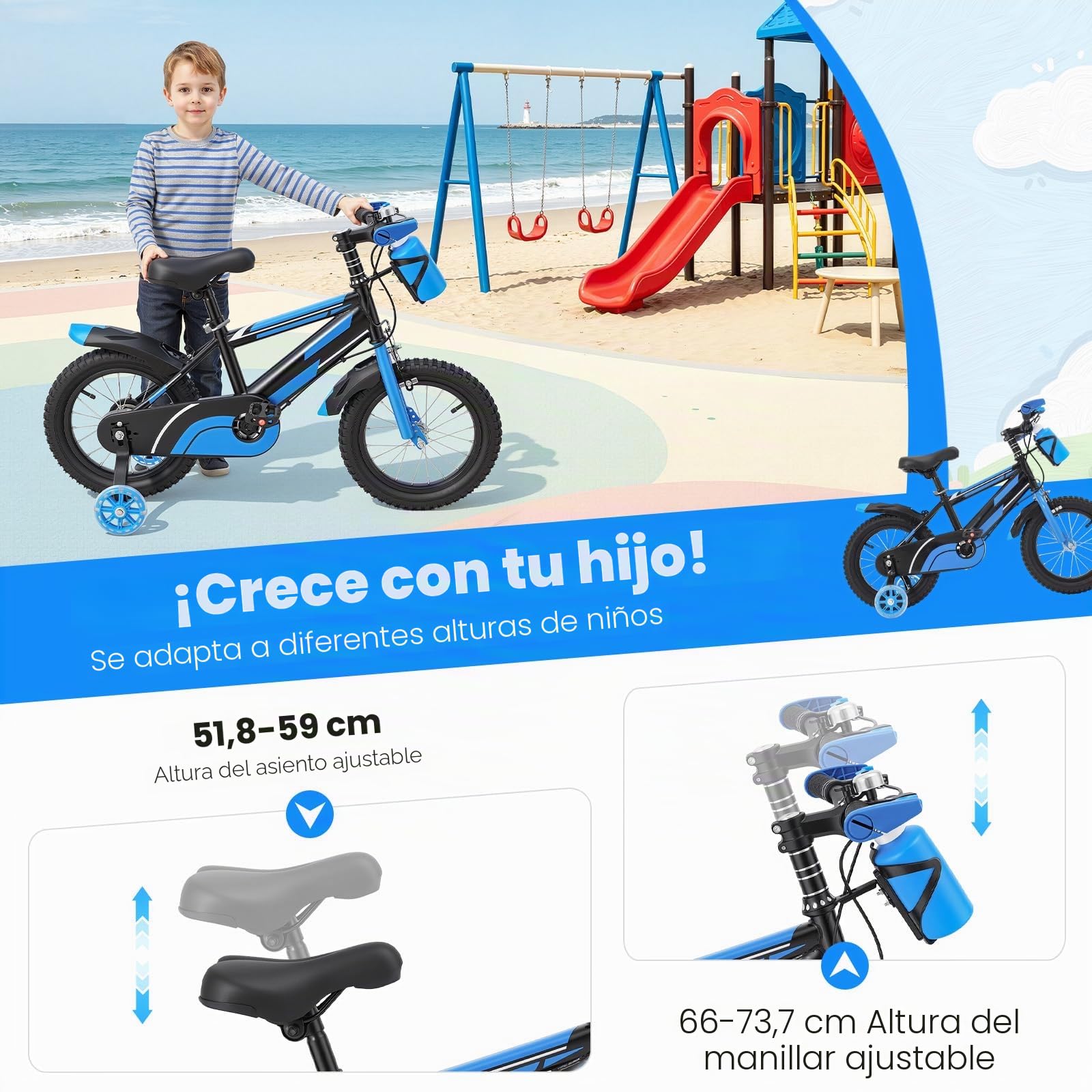 Bicicleta infantil de 14 pulgadas para niños de 3 a 7 años, bicicleta infantil ajustable con ruedines y botella, capacidad de carga 60 kg