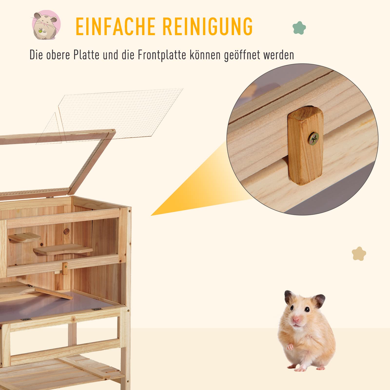 PawHut Kleintierkäfig Kleintierstall mit 5 Podesten und 1 Rampe Nagerkäfig Kleintierhaus Tannenholz Natur 60 x 40 x 80 cm