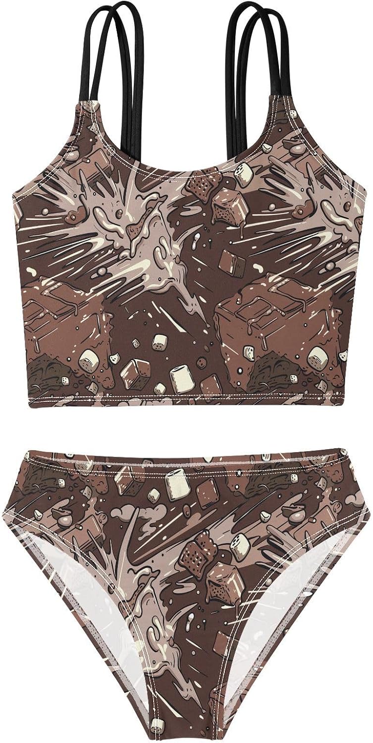 visesunny Girls Two Piece Swimsuits Chocolate Dessert Cartoon Girl's Bikini Sets Bathing Suits for Girls Size 5-12Y