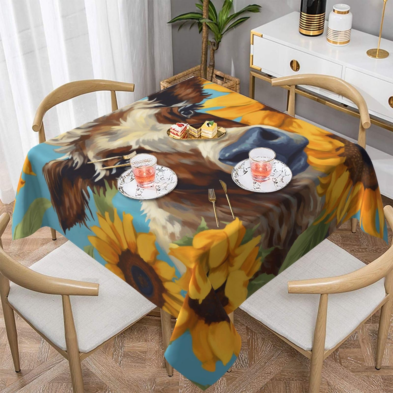WPKJU Cow with Sunflowers in Blue Printed Square Tablecloth 54x54 inch Water Resistant Table Cover Washable Rectangle Table Cloth for Dining Tables