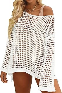 Women's Summer Crochet Cover Ups Hollow Out Long Sleeve Beach Coverup Bikini Swimsuits Cover Up